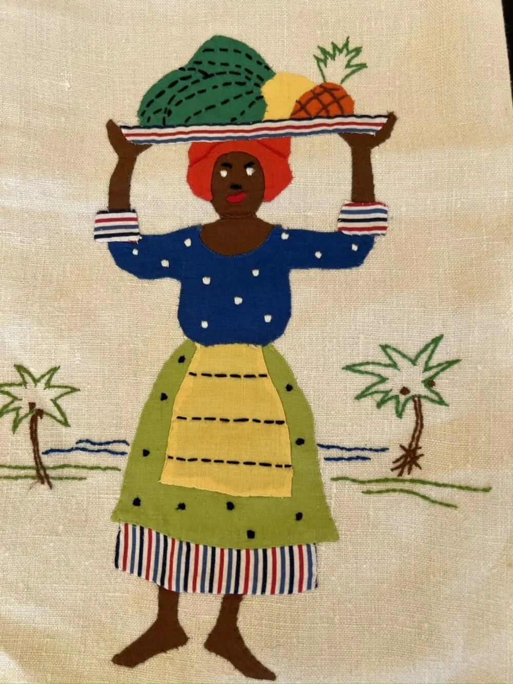 Vintage Jamaican Allsides Workroom Applique Linen Tea Towels Pair Folk Art Set